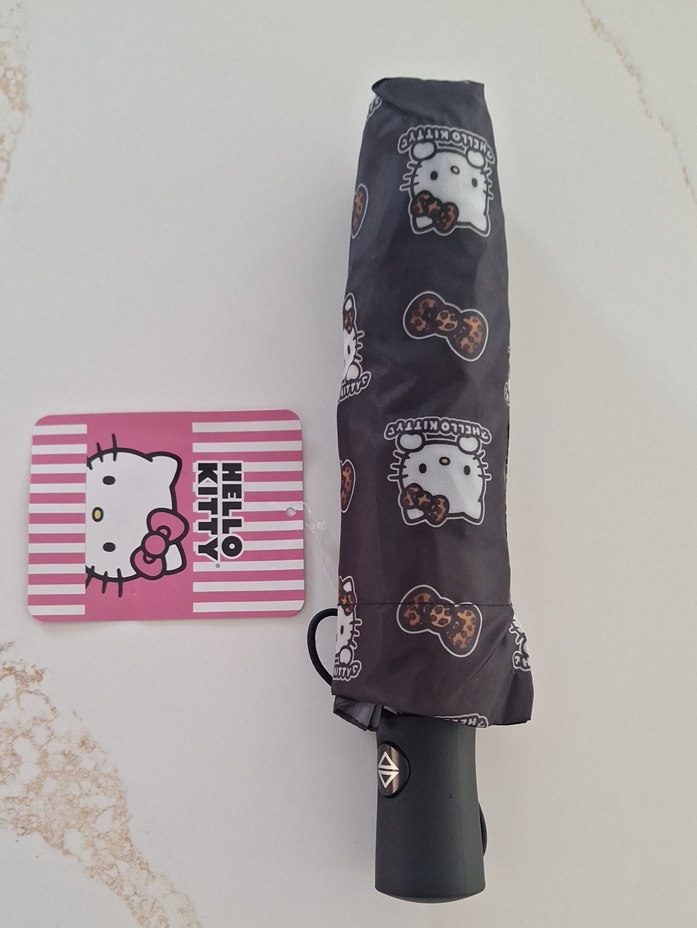 Hello Kitty Black Foldable Umbrella with Leopard Bow Print